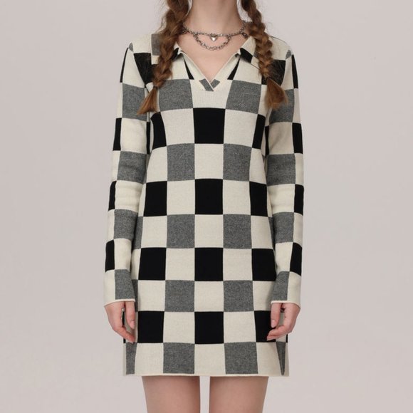 Cider Knit Game Night Checkered Mini Dress; Black, Grey, Cream Checkerboard - Picture 3 of 6